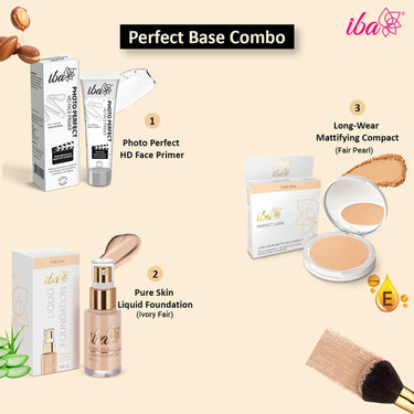 Iba Primer + Foundation + Compact Base Combo - Ivory Fair | Eid Makeup Kit Combo For Women & Girls | Long Lasting, Full Coverage Base Makeup | Vegan & Cruelty-Free